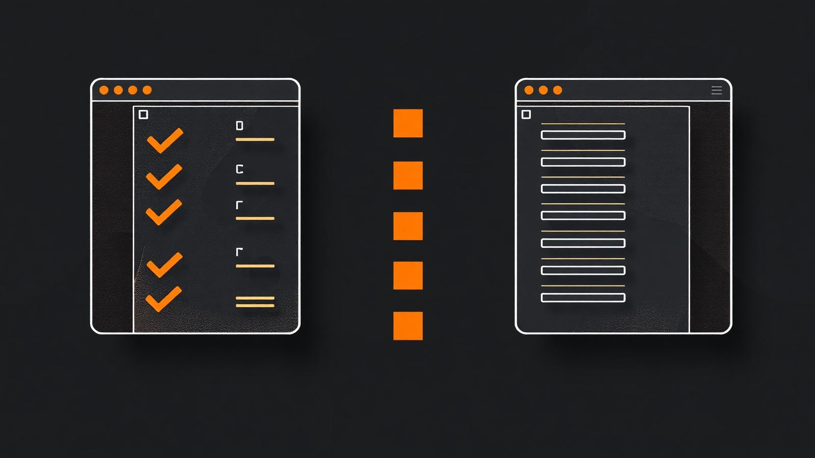 Abstract dark illustration comparing two software proposals side by side with a checklist