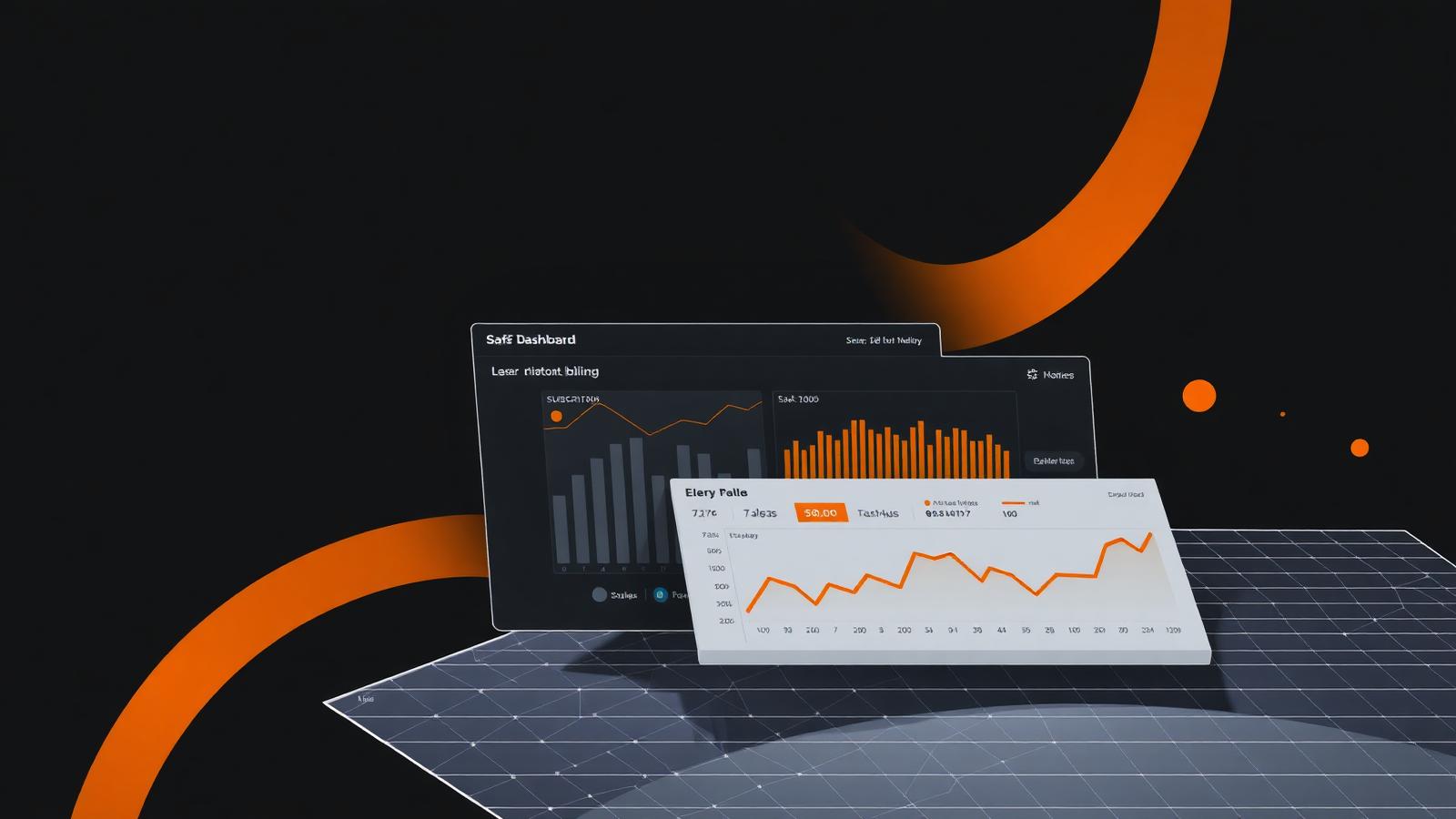 Abstract dark illustration of SaaS dashboard panels and subscription revenue charts