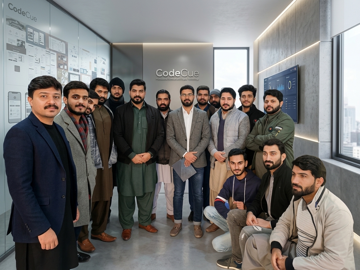 The CodeCue team photographed together in the studio, with product designs on the wall behind them