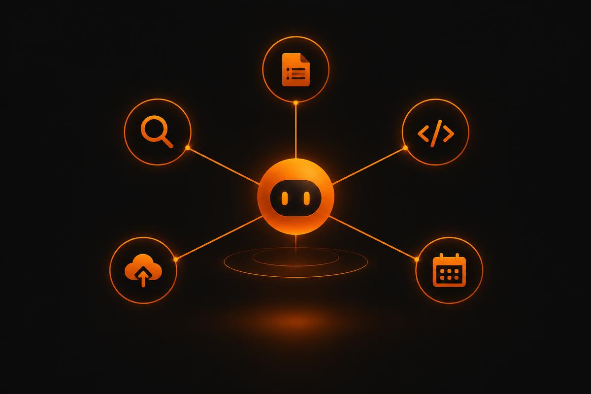 Abstract illustration of an AI agent connected to several business tasks