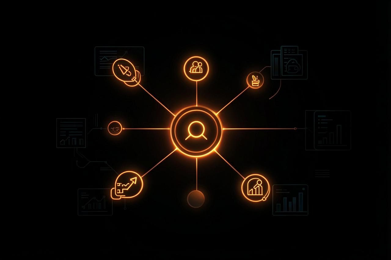 Abstract dark illustration of an AI assistant connected to several business systems