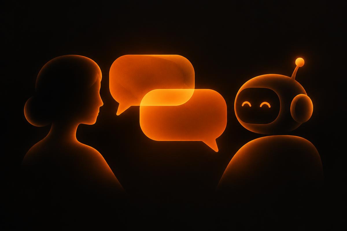 Speech bubbles between a person silhouette and a friendly robot
