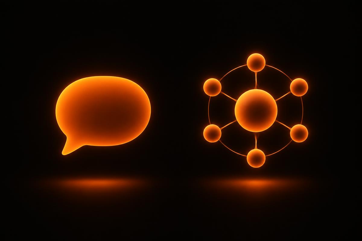 A speech bubble beside a connected network, comparing chatbots and agents