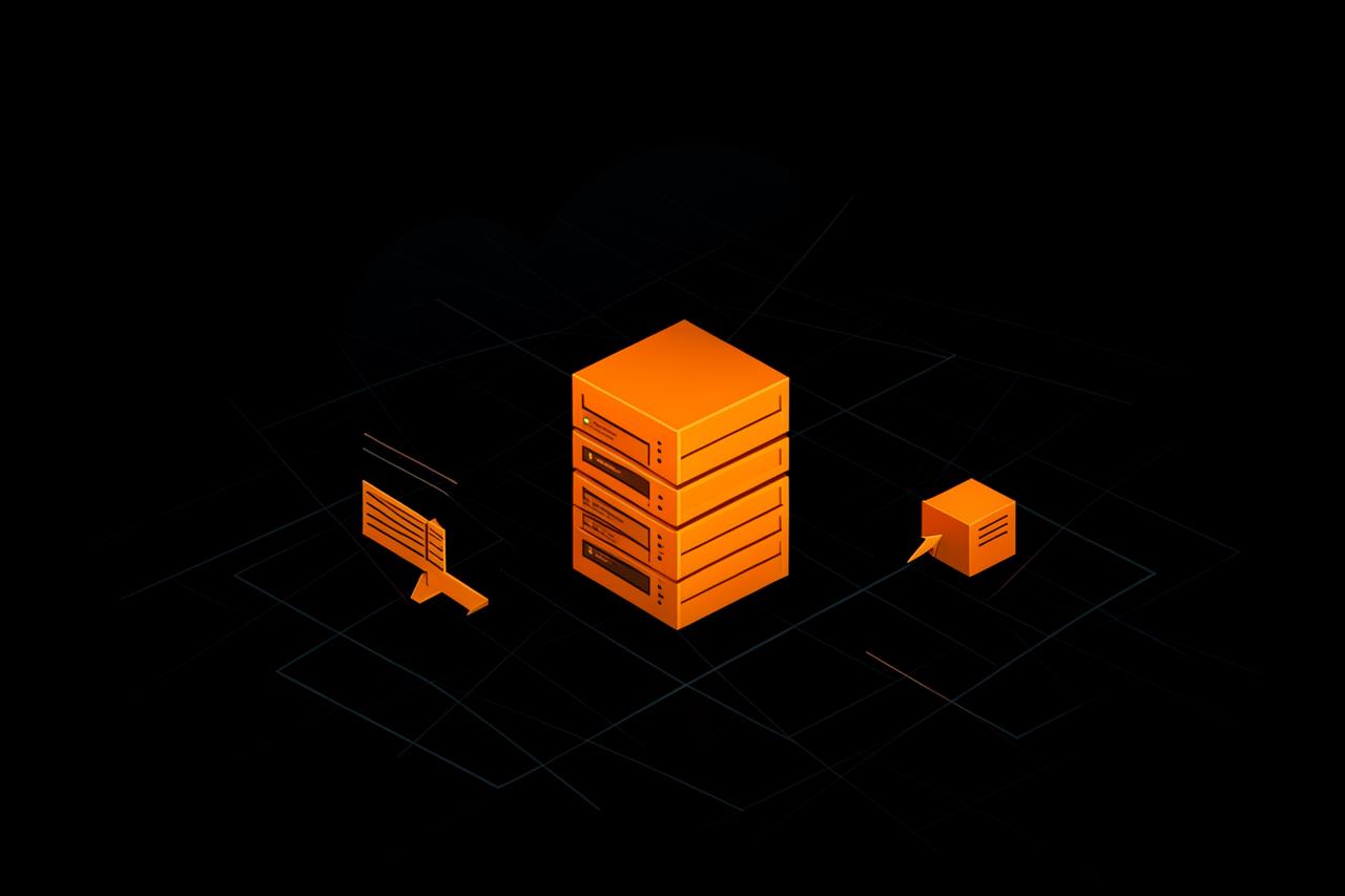 Abstract dark illustration of server blocks scaling on a subtle grid