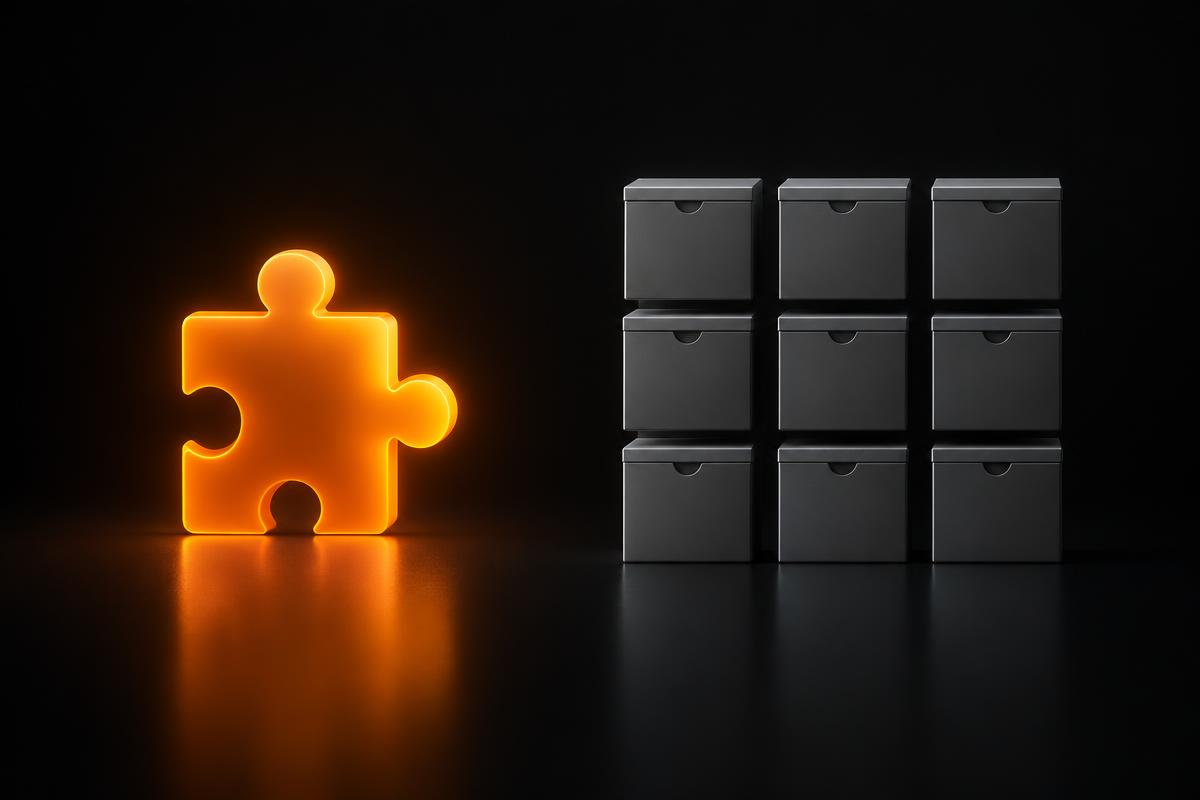A glowing bespoke puzzle piece beside a grid of identical boxes