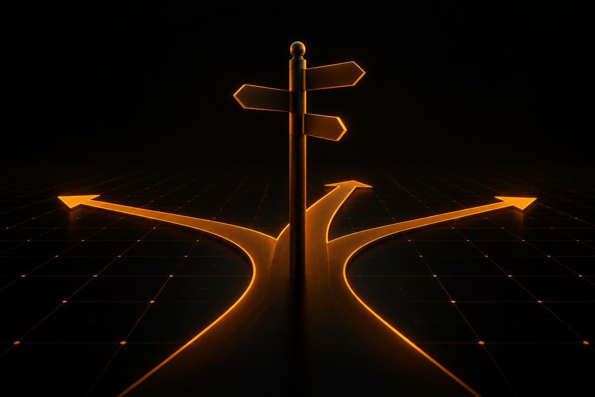 A signpost with three diverging glowing paths