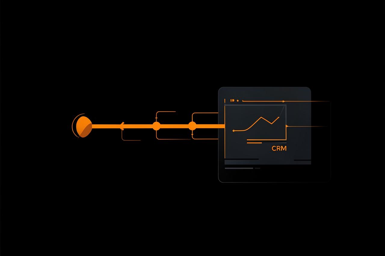 Abstract dark illustration of an enquiry pipeline flowing into a CRM card