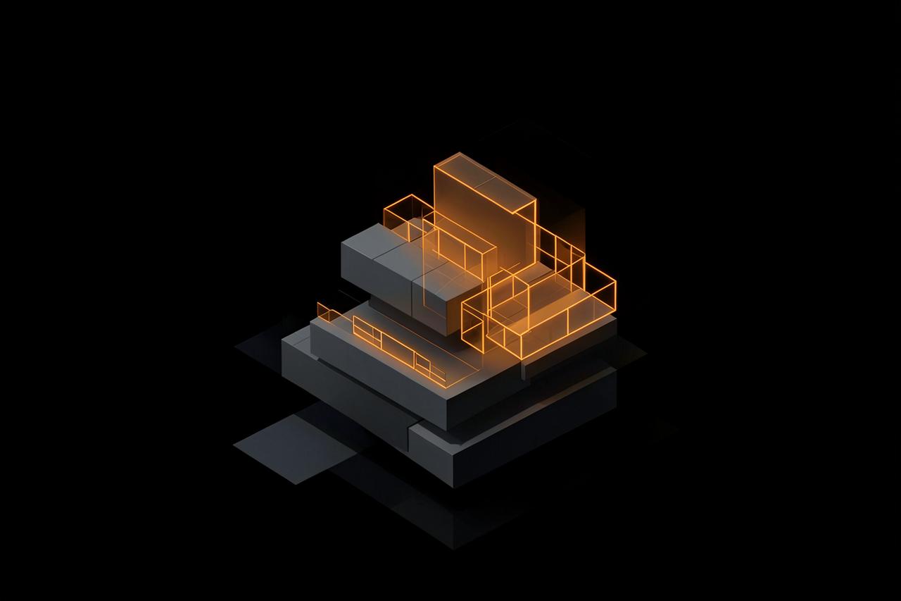 Abstract dark illustration of grey layered blocks becoming a clean glowing structure