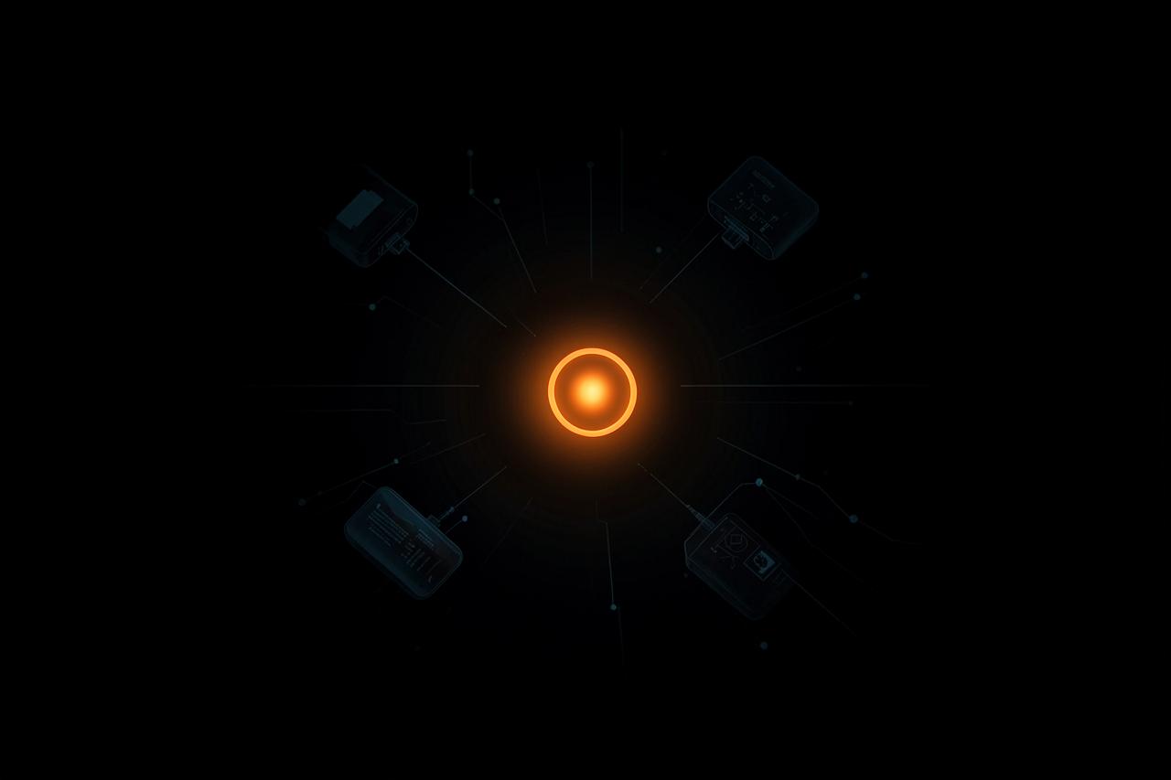 Abstract dark illustration of a small glowing core surrounded by future modules
