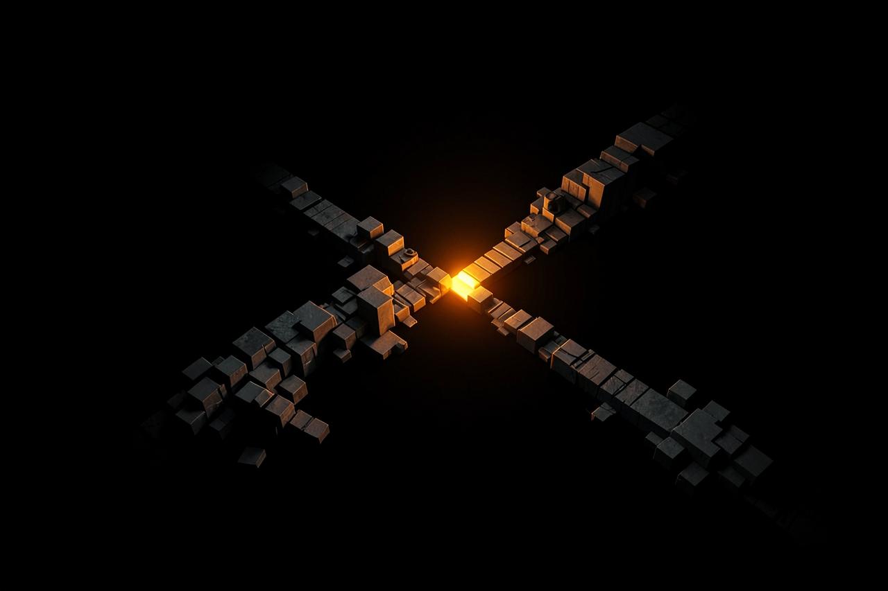 Abstract dark illustration of two paths meeting at a point of orange light
