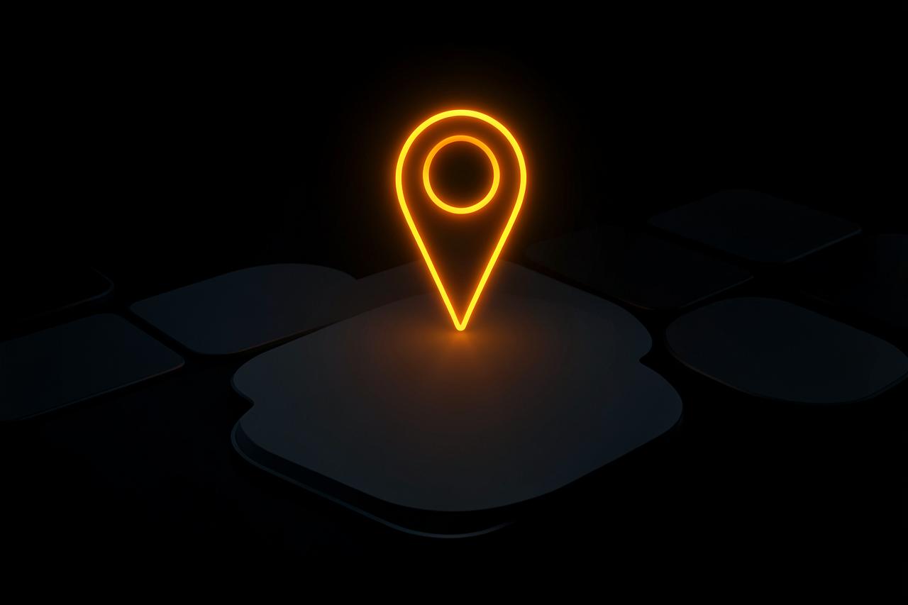 Abstract dark illustration of a glowing map pin above blank result cards