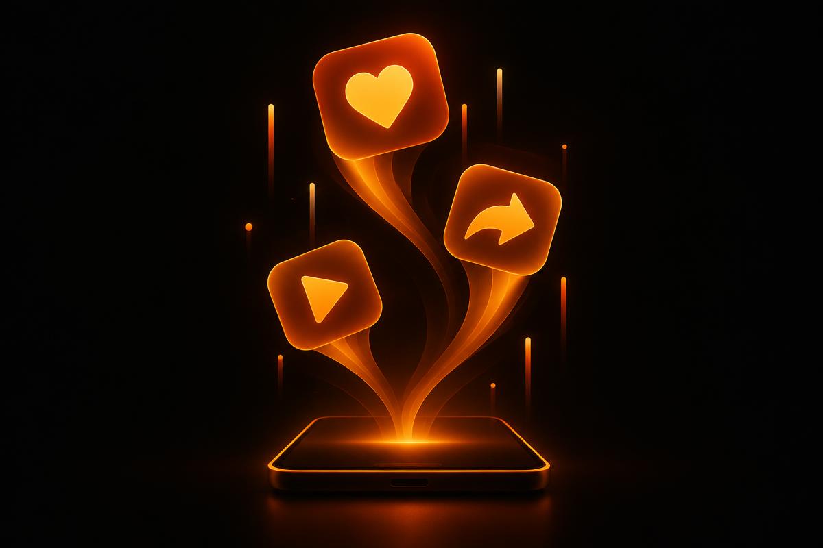 Social engagement icons above a phone