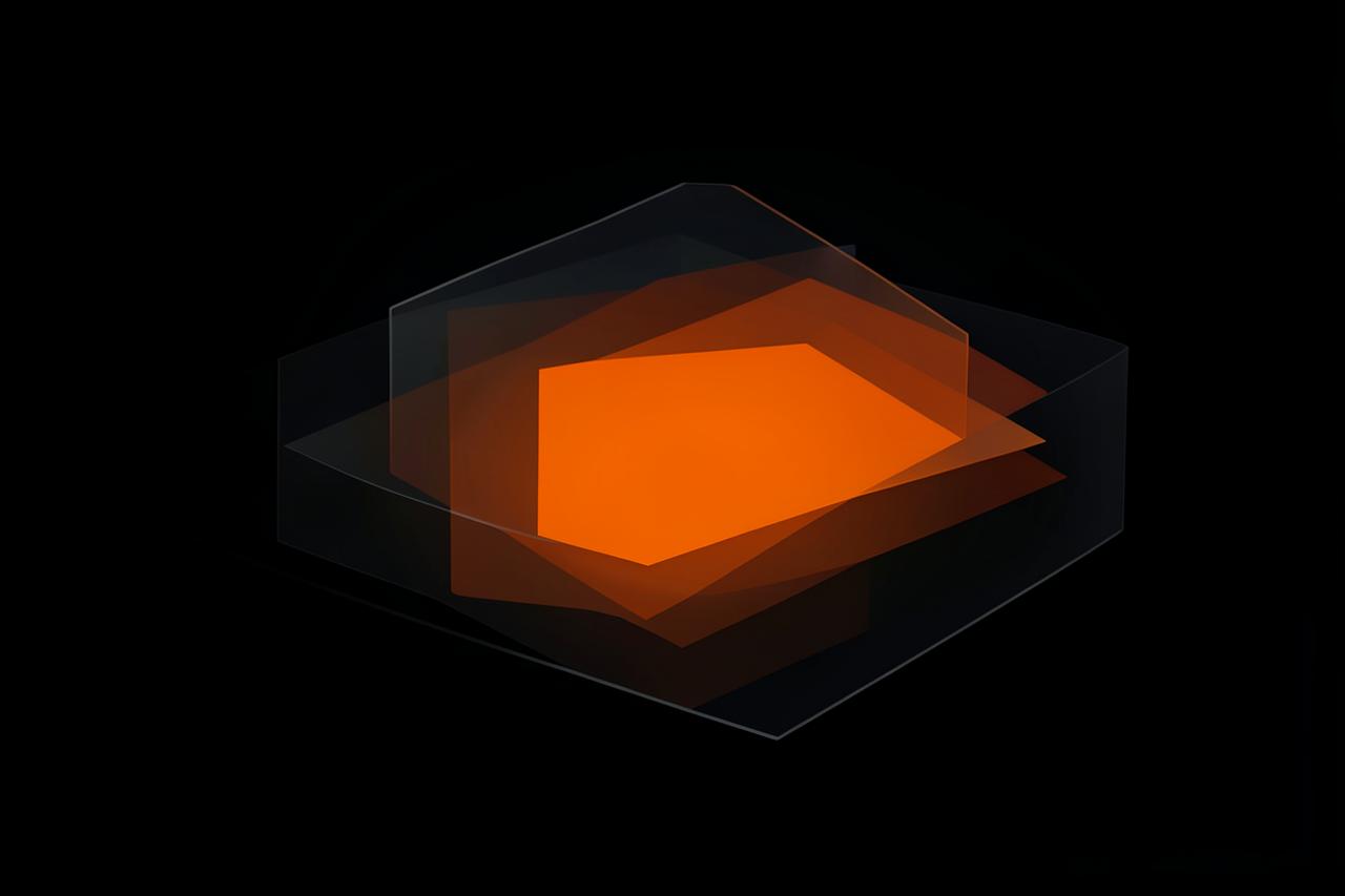 Abstract dark illustration of layered translucent panels with one highlighted