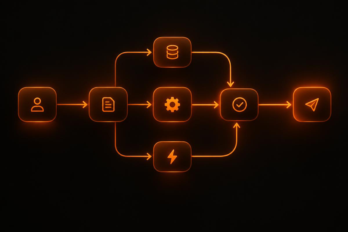 Connected blocks and arrows representing an automated workflow